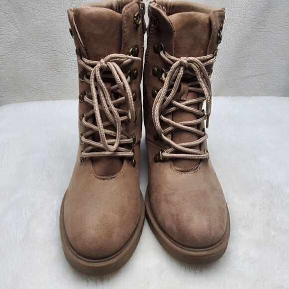 Chunky Boho Lace up Ankle Boots. Suede. Tan. Side zip. 3" heel. Rubber soles and - Picture 5 of 11